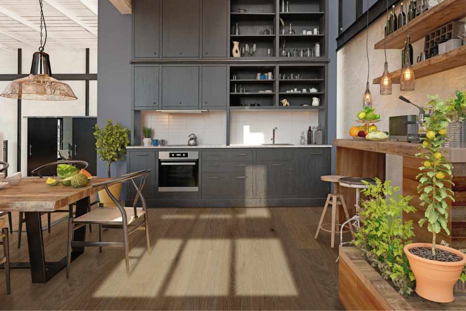waterproof vinyl flooring in modern kitchen with natural accents and greenery